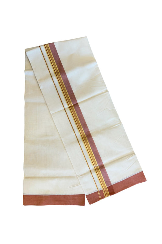 30% Discount KaithariKada HANDLOOM Unakkupaav Balaramapuram - 100% PURE Cotton Off White (Unbleached) Double Mundu/Dhoti - 2.5 inch  Kasavu & Brick Red Kara-218