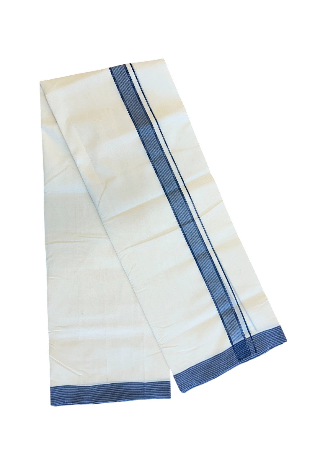 25% DISCOUNT!! KaithariKada HANDLOOM UNAKKUPAAV Balaramapuram - 100% PURE Cotton OFF White Double - (Unbleached) Mundu/Dothi - 1.75 inch Black & Navy Blue Stripes  Kara 3.82 meters - 13KK5049REA