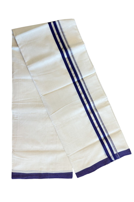 25% DISCOUNT! KaithariKada BALARAMAPURAM HANDLOOM UNAKKUPAAV - 100% PURE Cotton off white (Unbleached) Double Mundu/Dhoti - 1.75 inch Silver Kasavu & Violet+Blue Stripes Kara-67