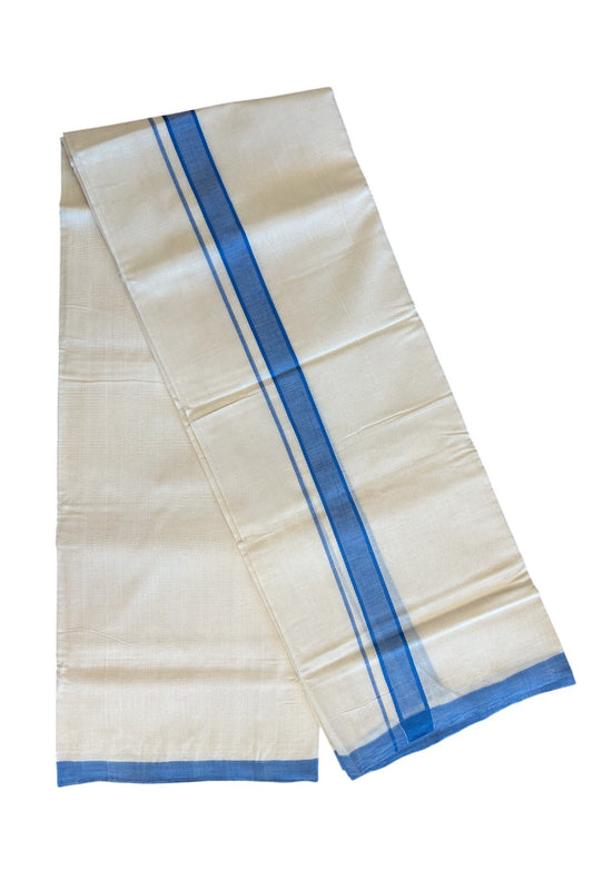 30% DISCOUNT! KaithariKada BALARAMAPURAM HANDLOOM Unakkupaav- 100% PURE Cotton 100x100 Double Mundu/Dhoti OFF WHITE (Unbleached) 3.8 mtr (8 Muzham)- Blue Kara
