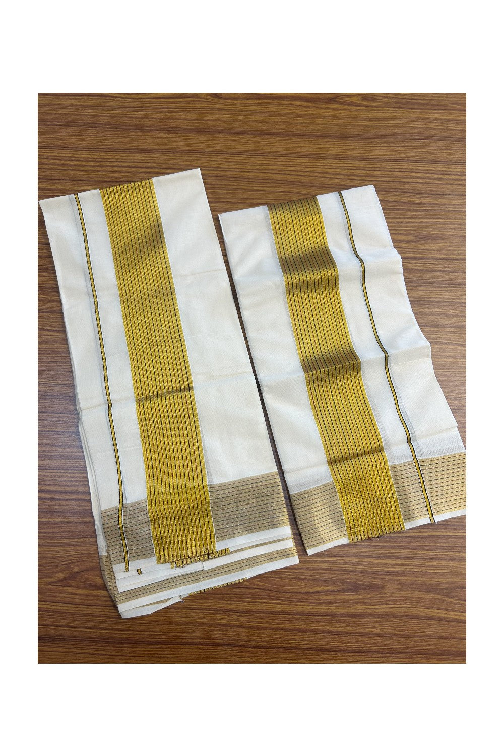 25% Discount!! KaithariKada - Kerala Pure Cotton OFF WHITE SINGLE SET MUND FOR WOMEN - EXTRA LENGTH - Gold Kasavu Maroon & Black Stripes Big Kara - 13KK5152PMC