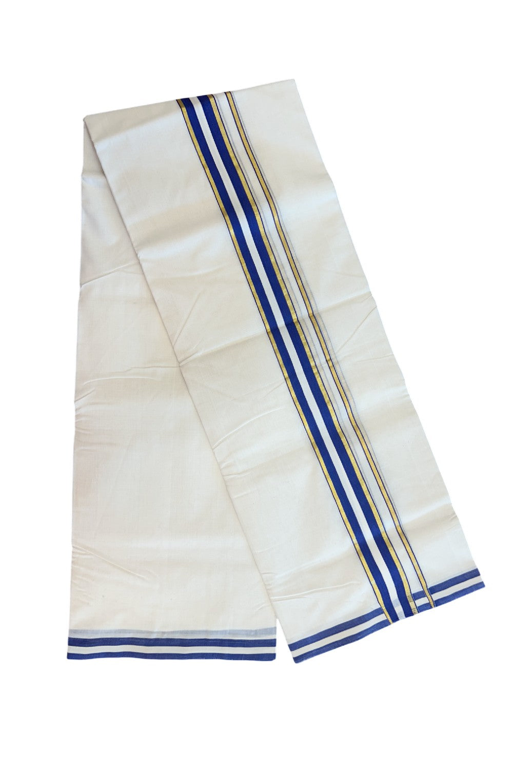 27% DISCOUNT! KaithariKada BALARAMAPURAM HANDLOOM UNAKKUPAAV - 100% PURE Cotton Off white (Unbleached) Double Mundu/Dhoti - 1.5 inch Gold Kasavu & Blue Kara (8 Muzham) - 17KK5161SOM