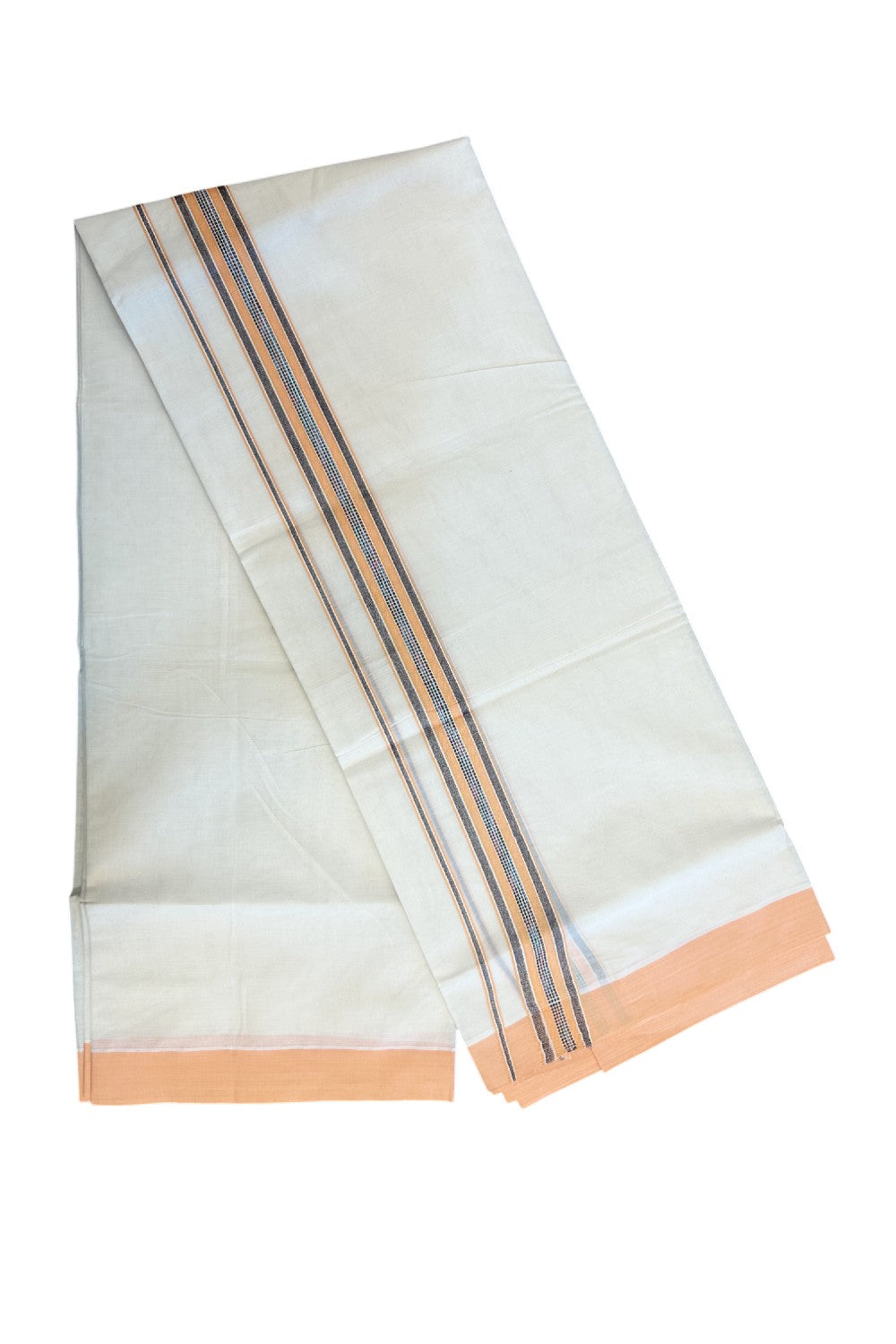 20% DISCOUNT ! KaithariKada Balaramapuram 100% Cotton Double off white (Unbleached) Mundu/Dhoti - 100X80 - 1.5 inch Silver kasavu & Orange jacquard design kara - 13KK5172PMC