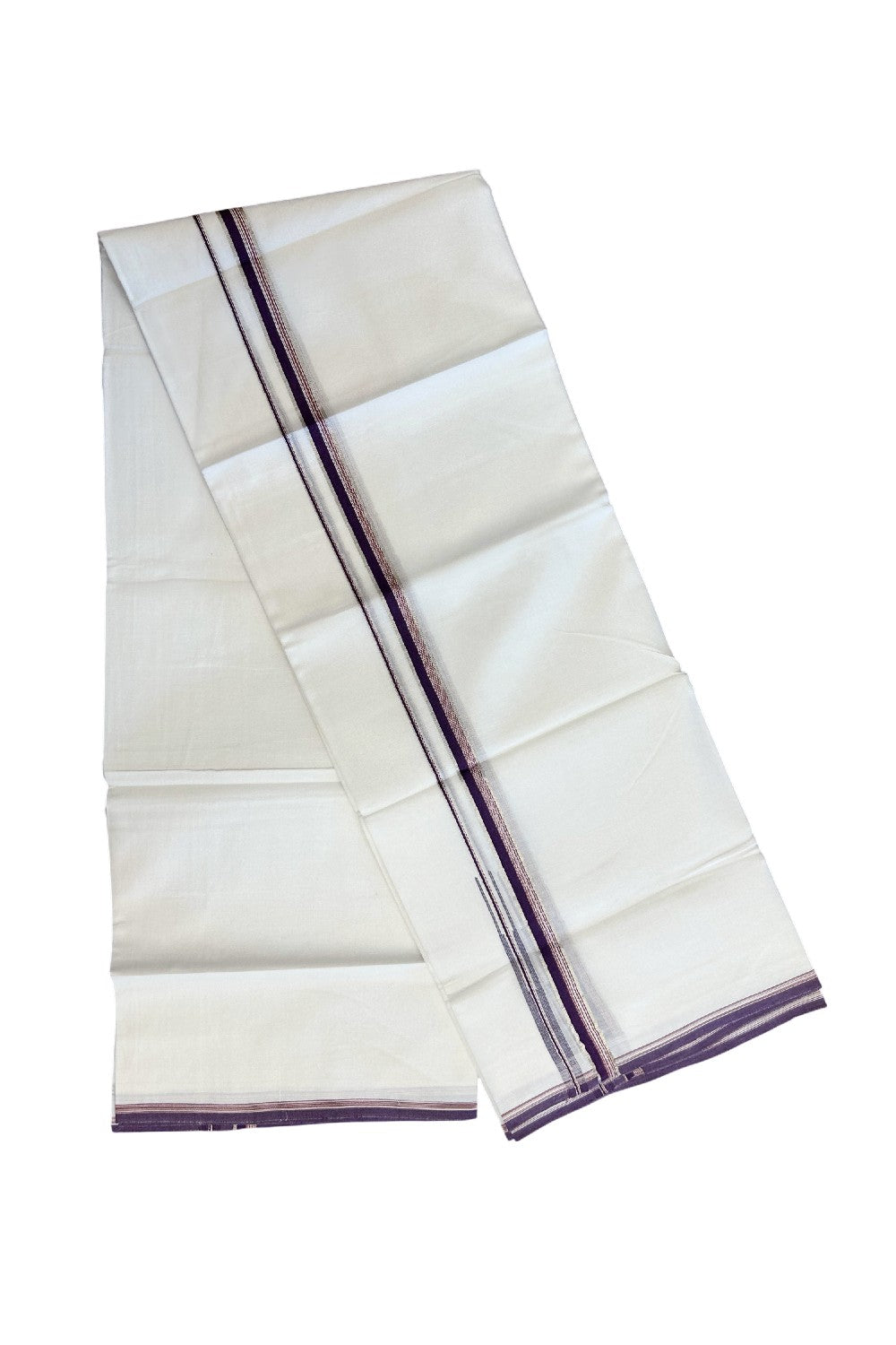 20% Discount !! Kaitharikada Balaramapuram 100% Cotton PURE WHITE DOUBLE Mundu/Dothi- 100X80 Thread - 0.5 inch - Silver Kasavu Red & Purple Design Chutty Kara - 13KK5184RAMS