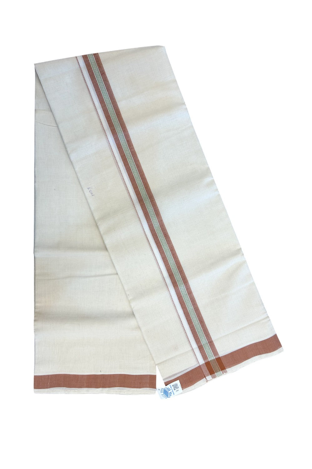 25% Discount KaithariKada HANDLOOM Unakkupaav Balaramapuram - 100% PURE Cotton off white (Unbleached) Double Mundu/Dhoti - 80X90 - 1.5 inch Cinnamon Brown & Green Center Stripes Kara 3.80 mtr - 13KK5192ELA