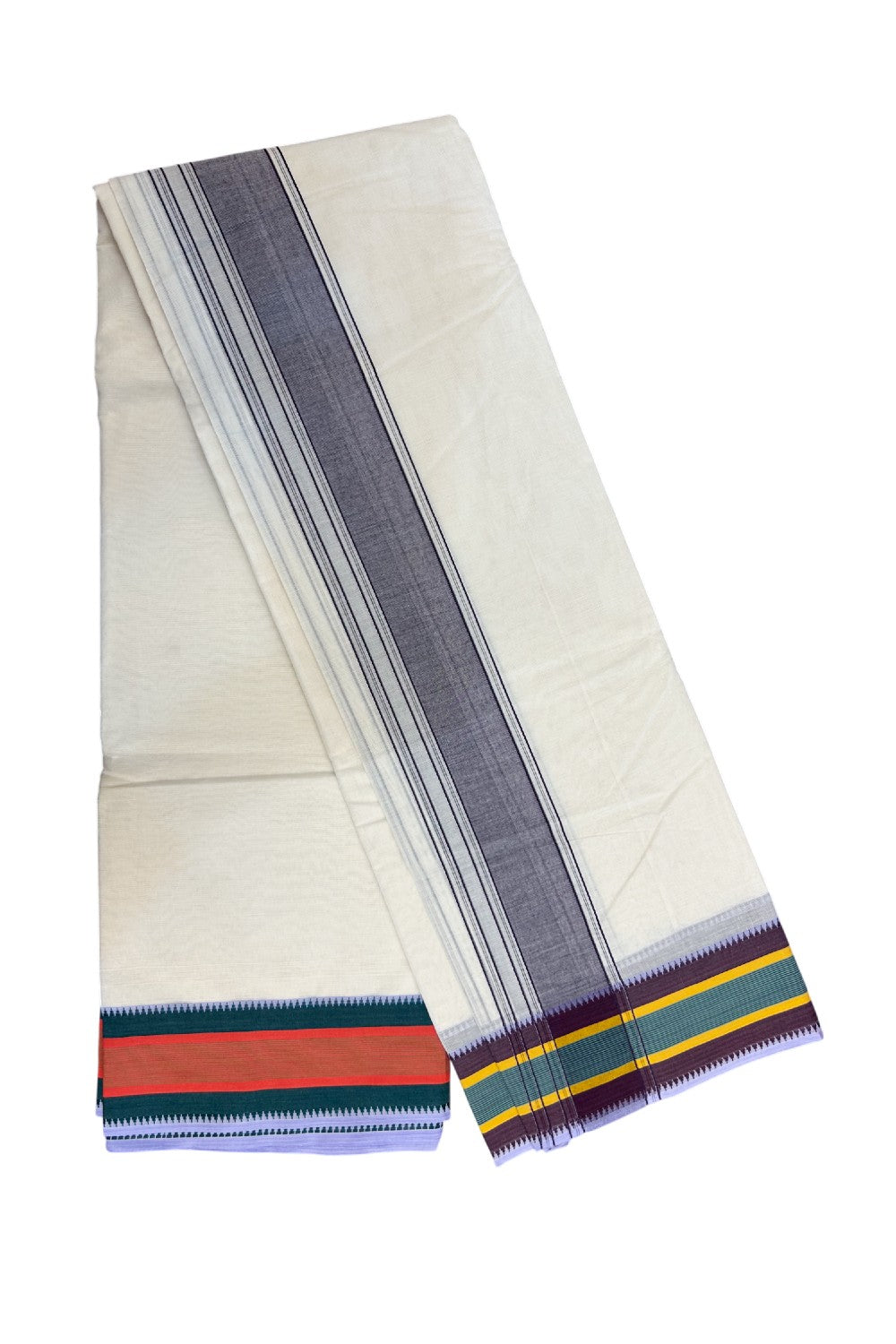 20% DISCOUNT! KaithariKada 100% Cotton Off White - (Unbleached) - Pure Cotton -100x100 thread - NORTH INDIAN - ATTACHED GAMCHA 9X5 Dhoti Violet kara with Red Green & Brown Striped border - 13KK5196PMC