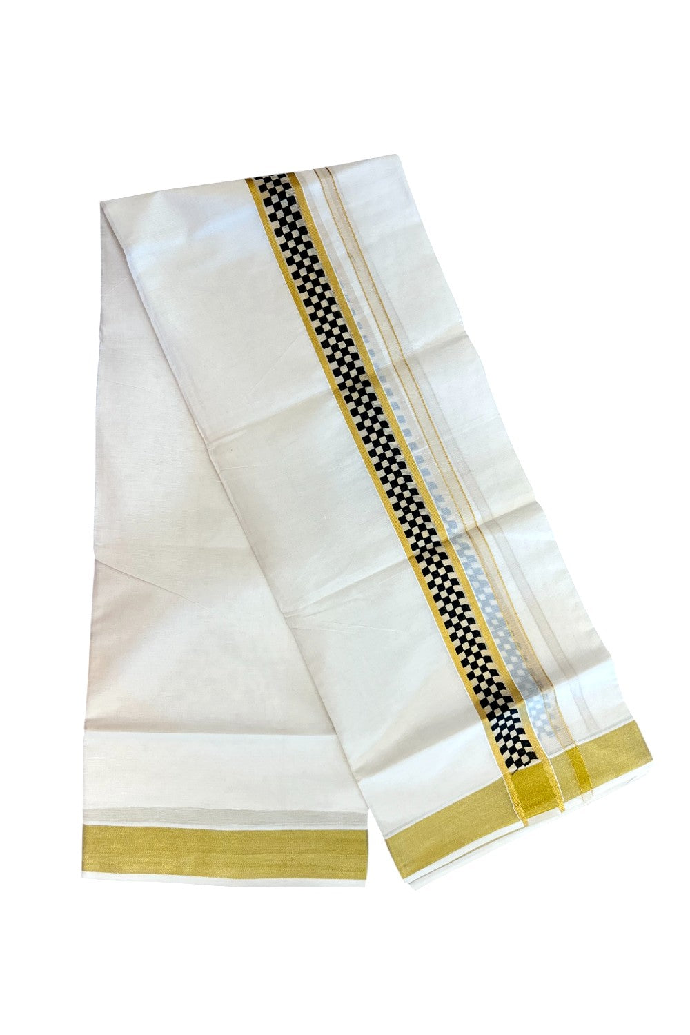 22% Discount!! KaithariKada Balaramapuram 100% Cotton DOUBLE OFF WHITE - (Ubleached) Mundu/Dhoti - 80x90 - 1.5 inch Gold Kasavu with Black Printed Design Kara - 13KK5219 GAN