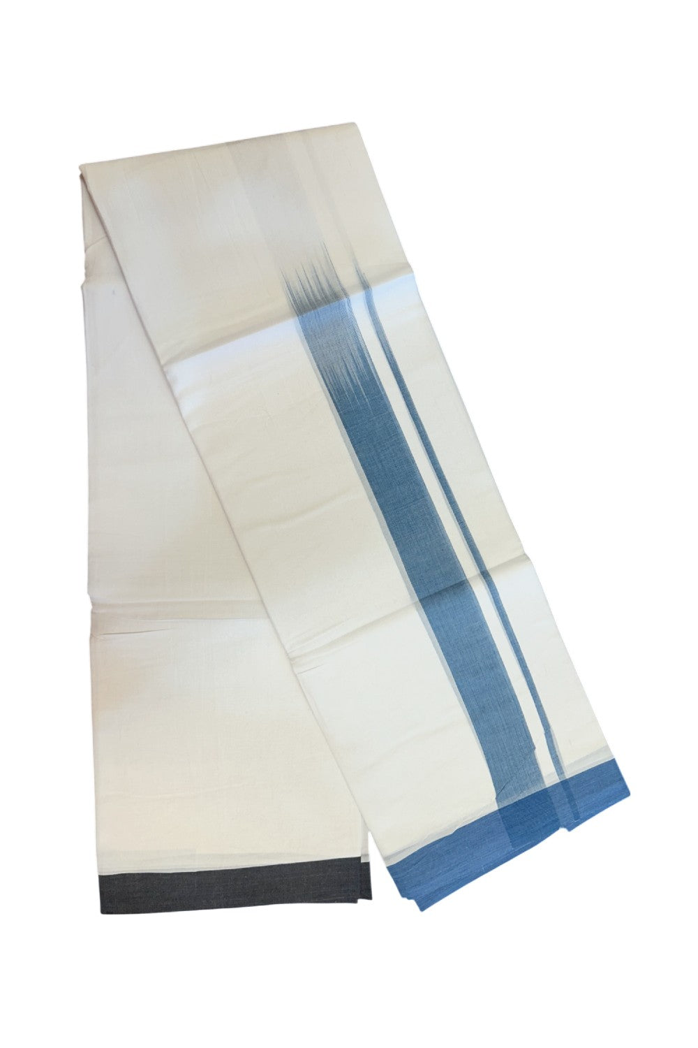 20% Discount!!! KaithariKada Balaramapuram  Double PURE WHITE  RAINBOW  Mundu/Dhoti - 100X80 - 1.75 inch Navy Blue & Light Blue Striped Designer Kara - 13KK5220 THI