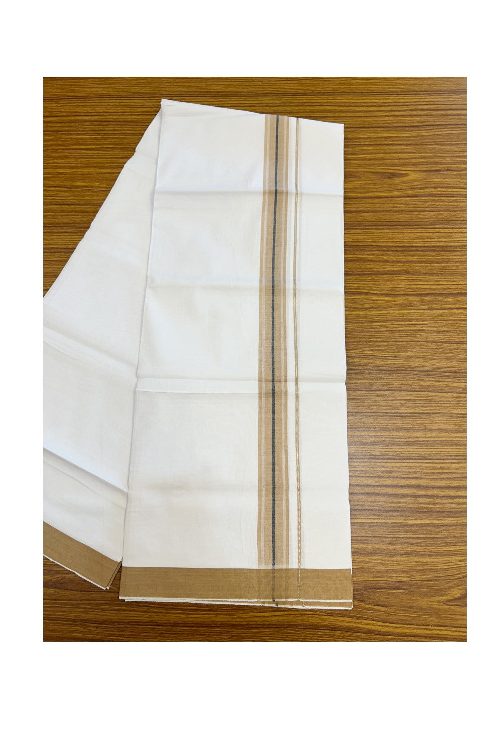 24% Discount !! KaithariKada Balaramapuram 100% Cotton Pure white Single Mundu/Dhoti - Twisted 60s Thread- 1.25 inch Silver Kasavu Brown & Black Striped Kara (2 meter / 4 muzham) - 13KK5241 GL