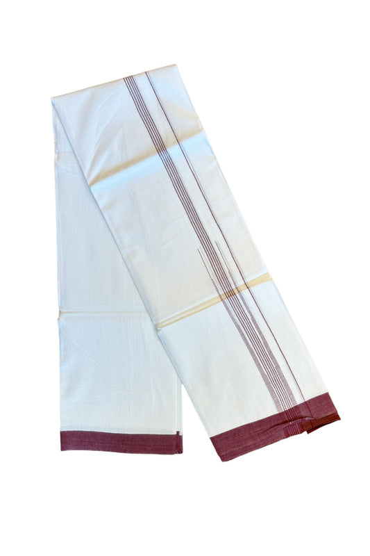 22% DISCOUNT!! Kaitharikada Balaramapuram 100% Cotton PURE WHITE Double Mundu/Dothi-100x100   2 Inch MAROON Striped Cotton Kara 3.80m (8 Muzham) - 13KK74RAM