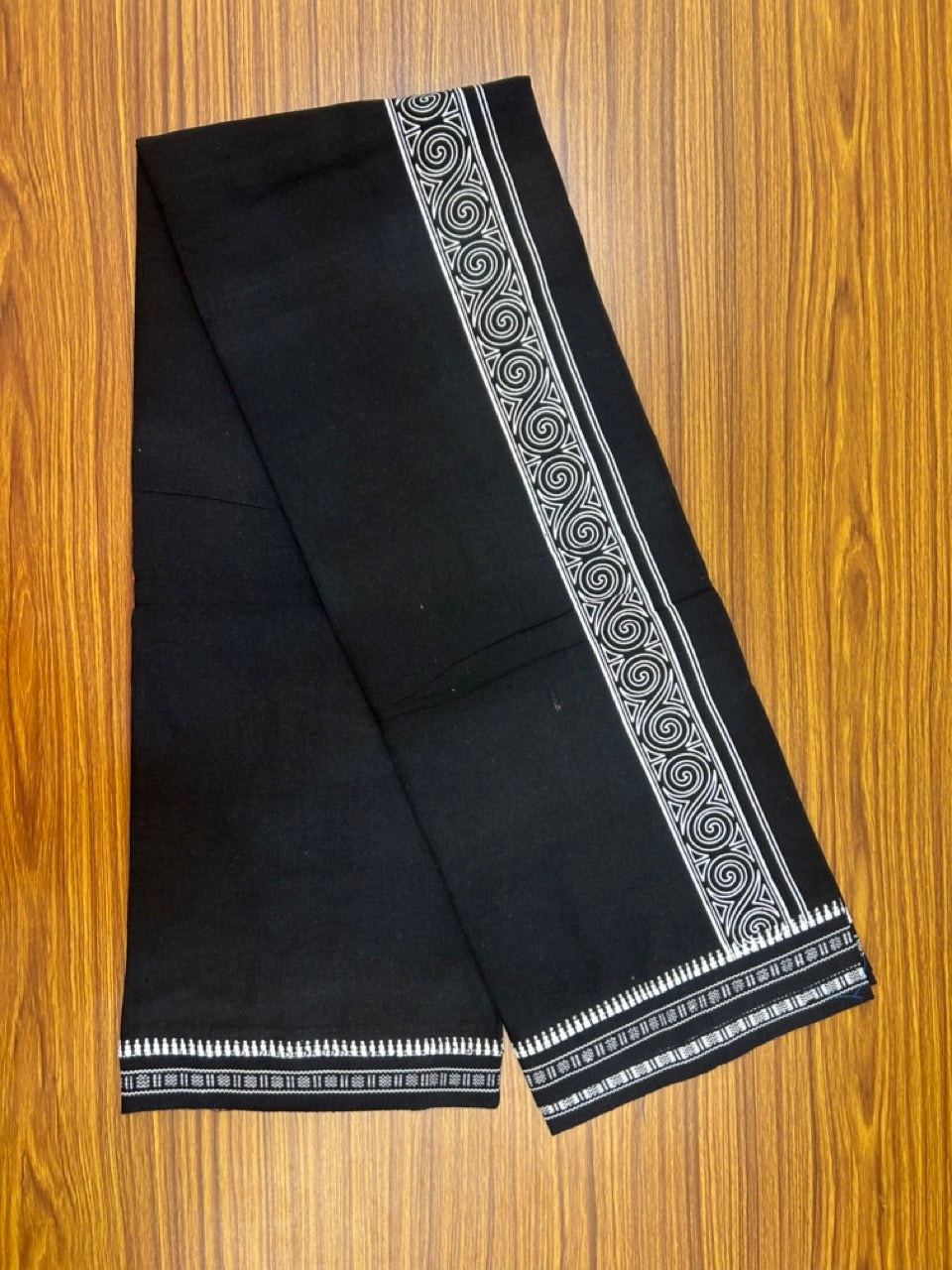 18% Discount!!! Kaitharikada 90% cotton 5 % Polyster Single Black - Kaily / Lungi - 3.25 inch Tribal Printed kara Kuppadam Border (2 meter / 4 muzham) - 13KK8027 AS