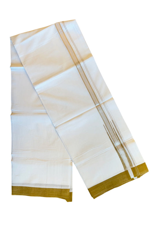 21% DISCOUNT!! Kaitharikada Balaramapuram 100% Cotton PURE WHITE Double Mundu/Dothi-100x92 Puliyilakkara CHUTTY  1.5 cm  SAND BROWN & SILVER STRIPED Cotton Kara - 13KK84CEE