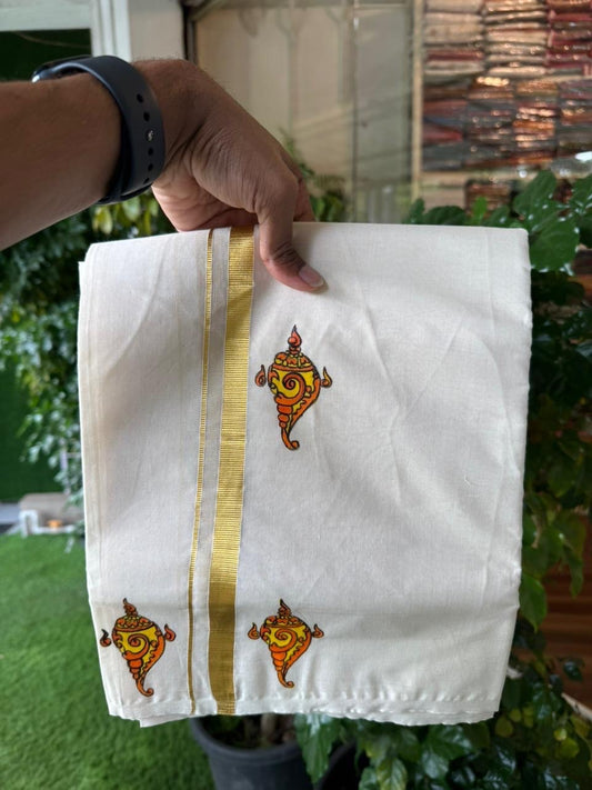 KaithariKada Balaramapuram 100% Cotton Double Off white - (Unbleached) Mundu/Dhoti-100x80 - 0.5 inch Hand Painted Gold Kasav Orange & Yellow Mural Design Kara 3.75 mtr (8 muzham) - 8 KK5244 ASH