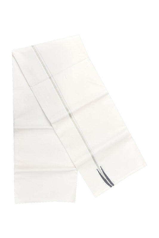 NEW!! 24% Discount!! KaithariKada Balaramapuram 100% Cotton PURE WHITE Double Mundu/Dhoti-100x100 1.5 cm  Puliyilakkara Chutty 4 line Silver Kasavu & Black - KK8DOT0198