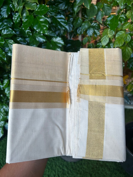 25% Discount ! KaithariKada Handloom Milpaav Balaramapuram - Pure Cotton Off White - (Unbleached) Double Mundu/Dhoti - (80X90s) - 7 inch Gold Kasav Striped & Half Tissue Kara - 96 KK5256 RAM
