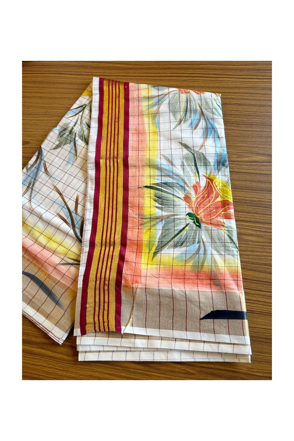 29% Discount!! Kaitharikada Kerala Cotton 2.75 inch Kasavu  Maroon Stripes & Hand Painted Peacock Design Saree - 13KK1003HAR