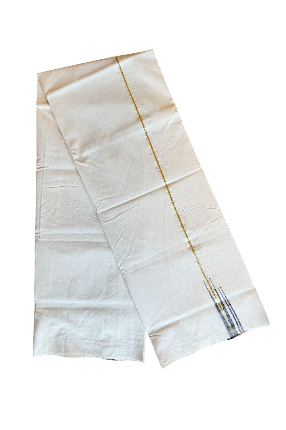 28% DISCOUNT ! KaithariKada Balaramapuram 100%  COTTON SINGLE OFF WHITE - (Unbleached) Mundu/Dhoti-100X100-  0.25 cm double Dark Blue Chutty (2 meter / 4 muzham) - 13KK400ASH