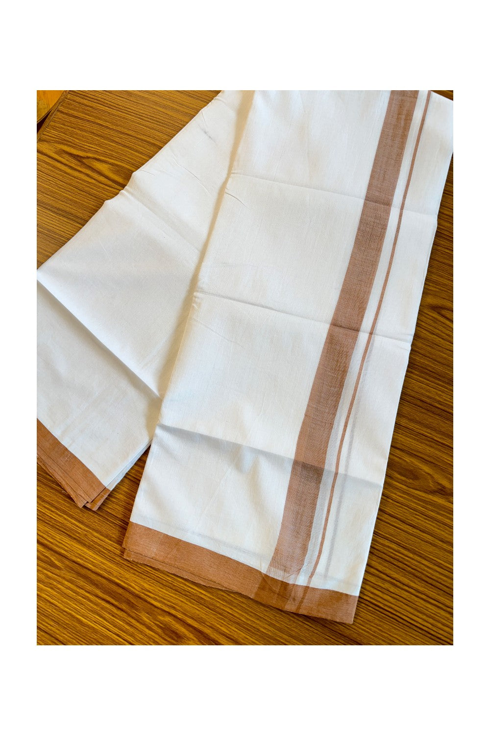 30% Discount! KaithariKada Balaramapuram Handloom 100% Millpaav Cotton Double Mundu/Dhoti Pure white - 100x100 Walnut brown Mulloth Border 3.70m (8 Muzham) - 13KK404RAM