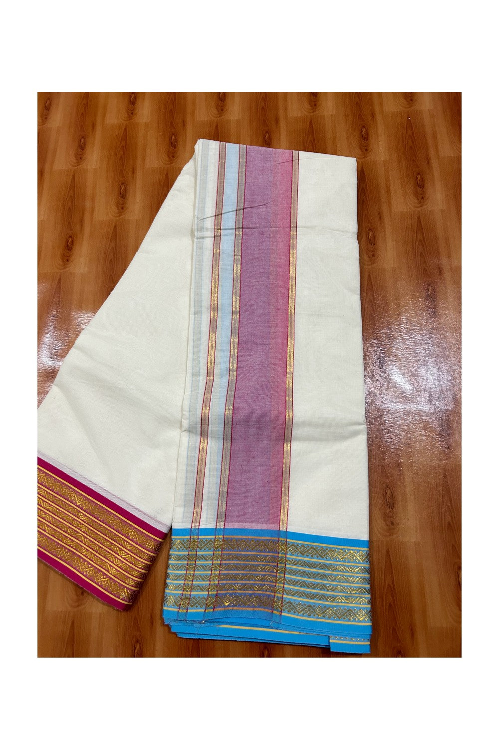 36% DISCOUNT! KaithariKada - Cotton Mix - Off White - (Unbleached) 80x80 thread - 80% Cotton & 20 % Polyester - NORTH INDIAN - ATTACHED GAMCHA 9X5 Dhoti 4.5 inch Magenta kara with Blue & Magenta Kasavu border  - 13KK5005PMC