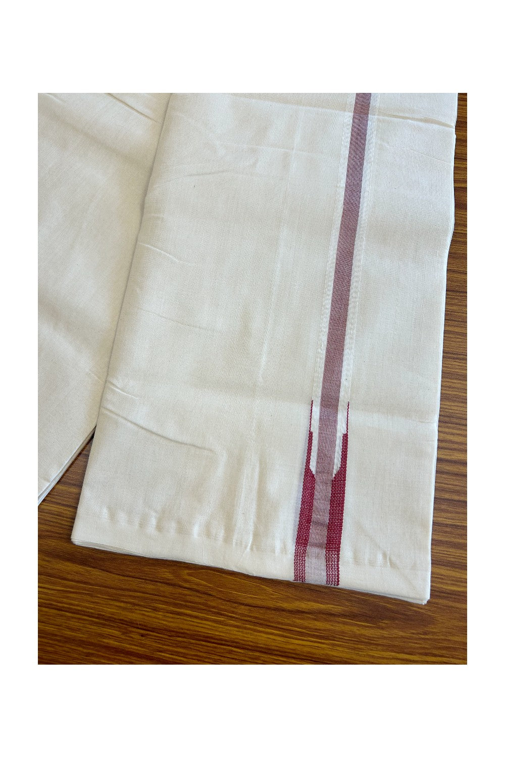 30% DISCOUNT!! KaithariKada HANDLOOM Millpaav Balaramapuram - 100% PURE Cotton OFF White Double - (Unbleached)Mundu/Dothi - 0.5 inch Puliyilakkara silver kasavu & Red chutty - 13KK5011RAM
