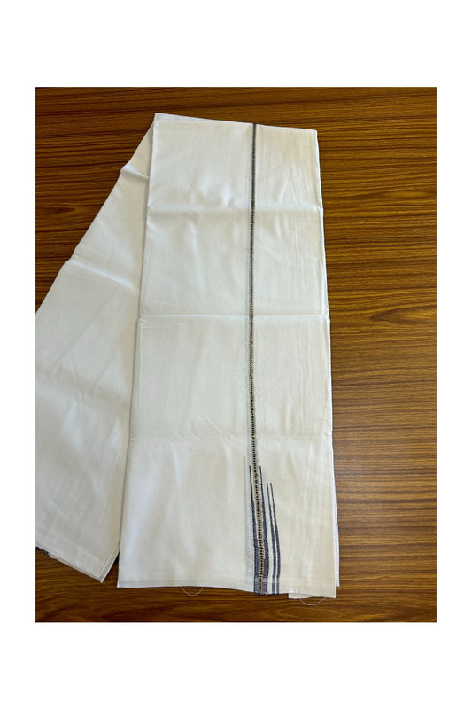 4% DISCOUNT!! KaithariKada Balaramapuram 100% Cotton PURE WHITE Single Mundu/Dhoti-100x100 1 cm  Puliyilakkara MUTHUKKURI Silver & Navy Blue Double chutty (2 meter / 4 muzham) - 13KK5043ASH