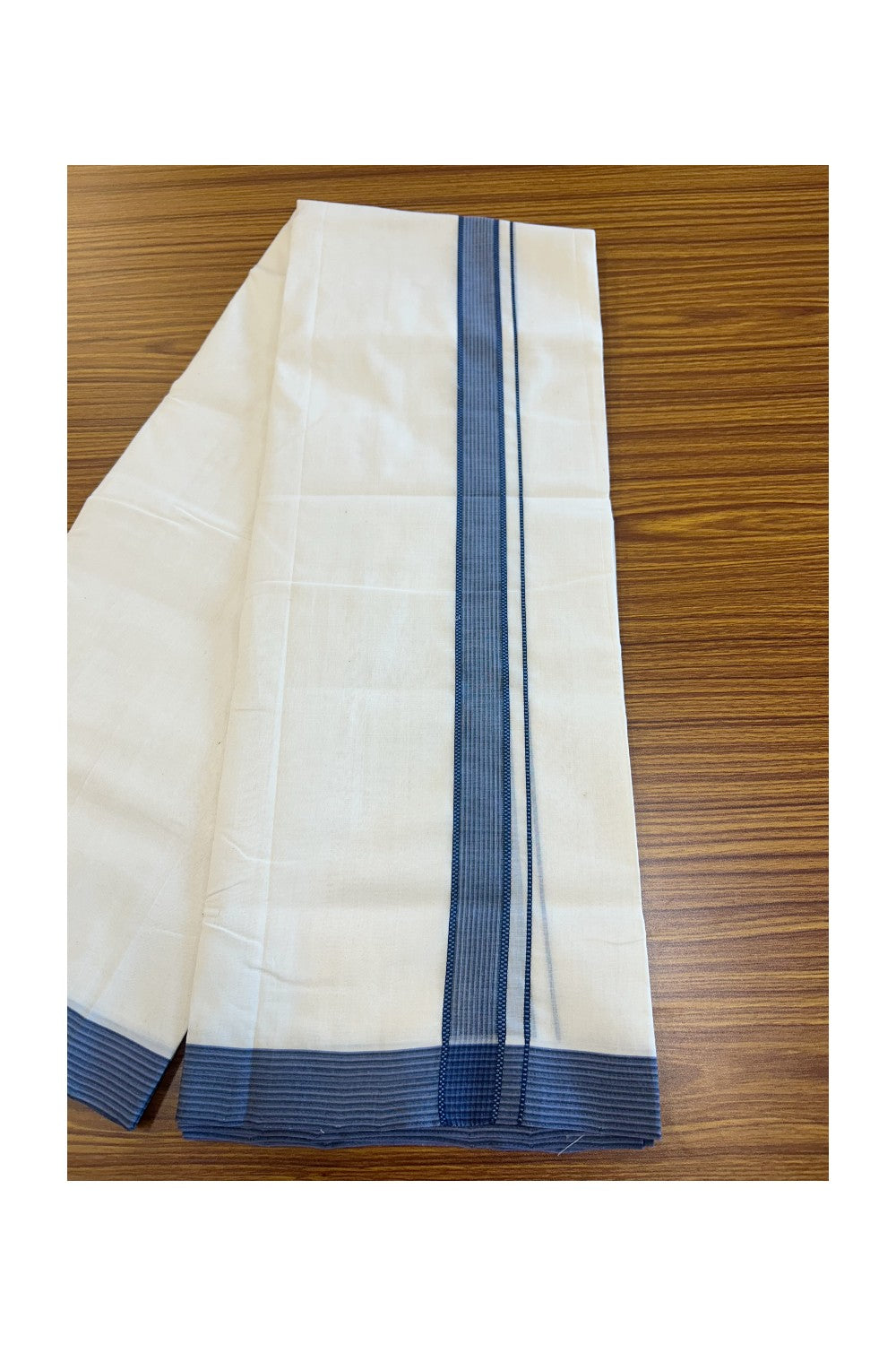 25% DISCOUNT!! KaithariKada HANDLOOM UNAKKUPAAV Balaramapuram - 100% PURE Cotton OFF White Double - (Unbleached) Mundu/Dothi - 1.75 inch Black & Navy Blue Stripes  Kara 3.82 meters - 13KK5049REA