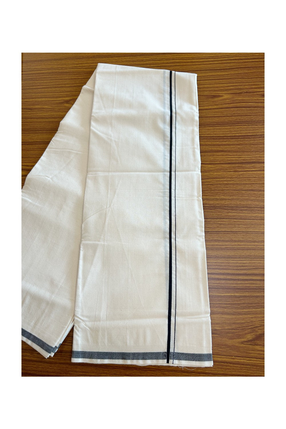 SIGNATURE KAITHARIKADA EXCLUSIVE SINGLE DHOTI - 25% DISCOUNT!!  100% Cotton Balaramapuram HANDLOOM Single Mundu/Dhoti - Off White - (Unbleached) 1.5 cm BLACK Kara (2 meter / 4 muzham)- 13KK5065KK