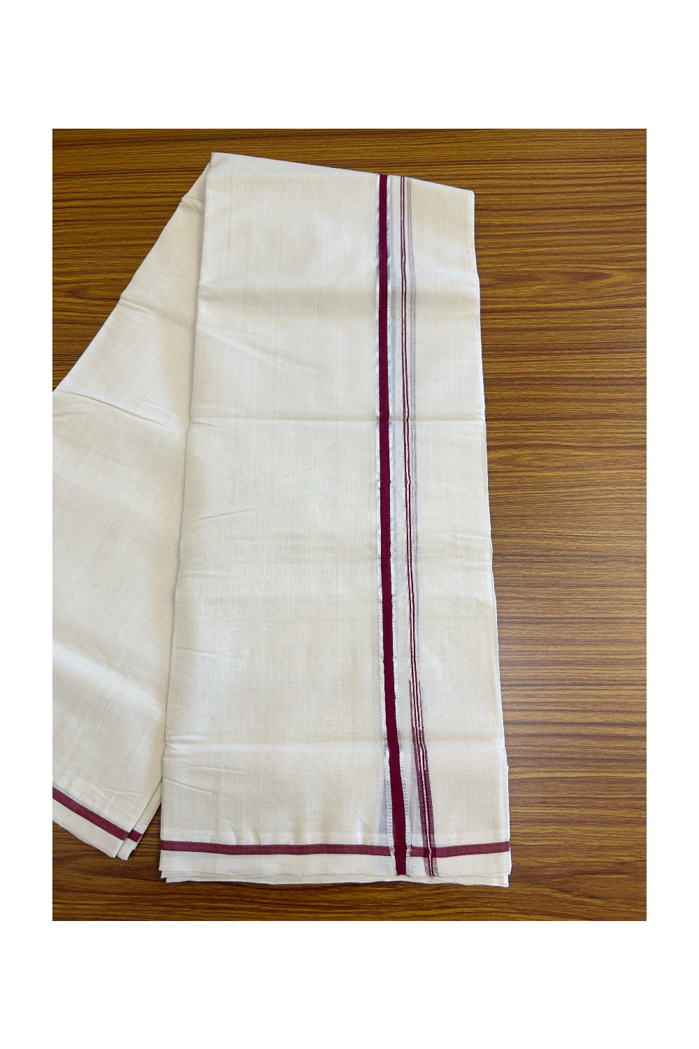 18% DISCOUNT!! KaithariKada HANDLOOM Millpaav Balaramapuram - 100% PURE Cotton Off White (Unbleached) - 100x100 Double Mundu/Dhoti - Puliyilakkara Chutty Silver Kasavu Maroon Kara - 10KK114ASH