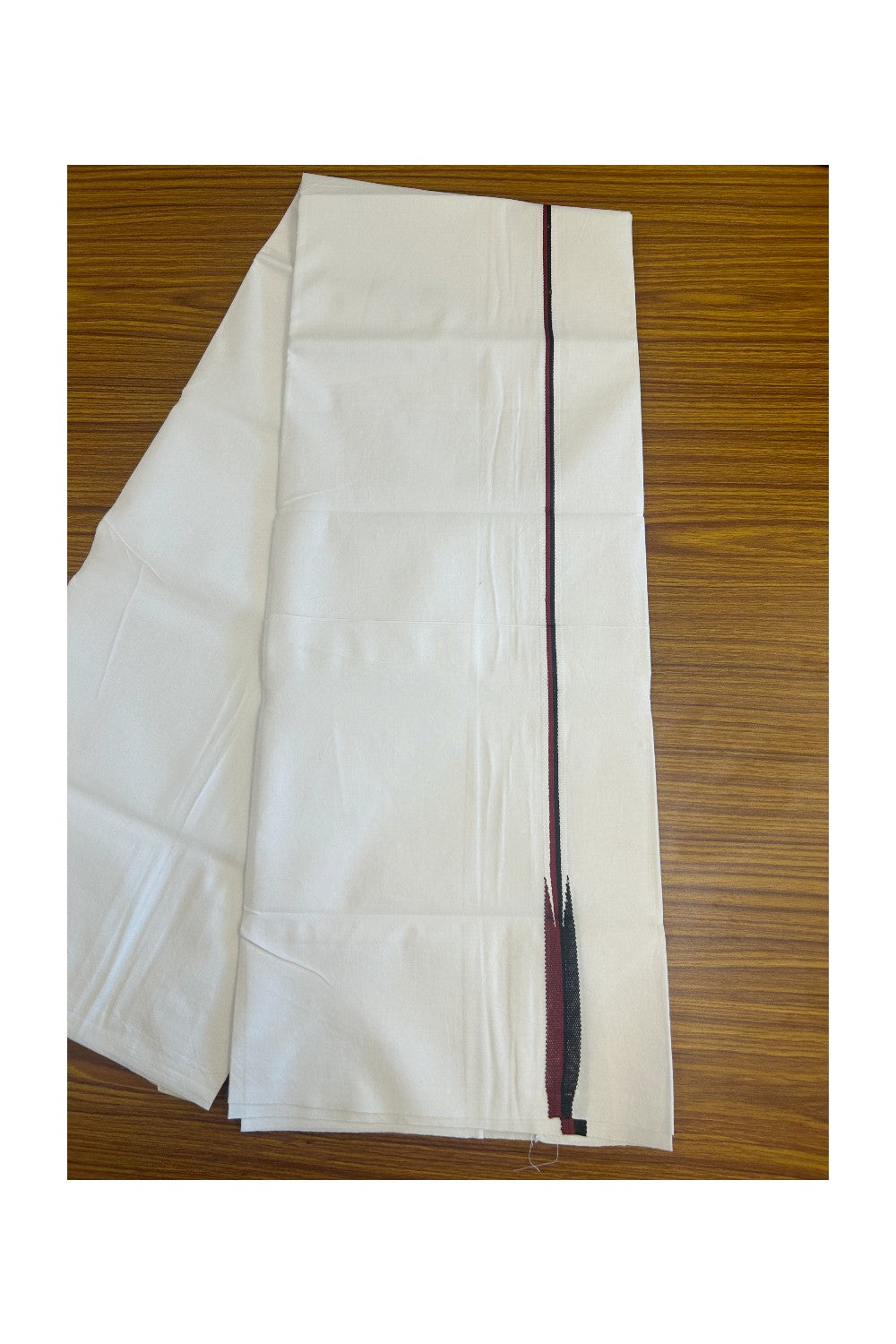DMK Veshti - KaithariKada Balaramapuram 100% COTTON SINGLE PURE WHITE Mundu/Dhoti-100X100 - 0.5 Inch Puliyilakkara Maroon & Black Chutty (2 meter / 4 muzham) - 11KK5127ASH