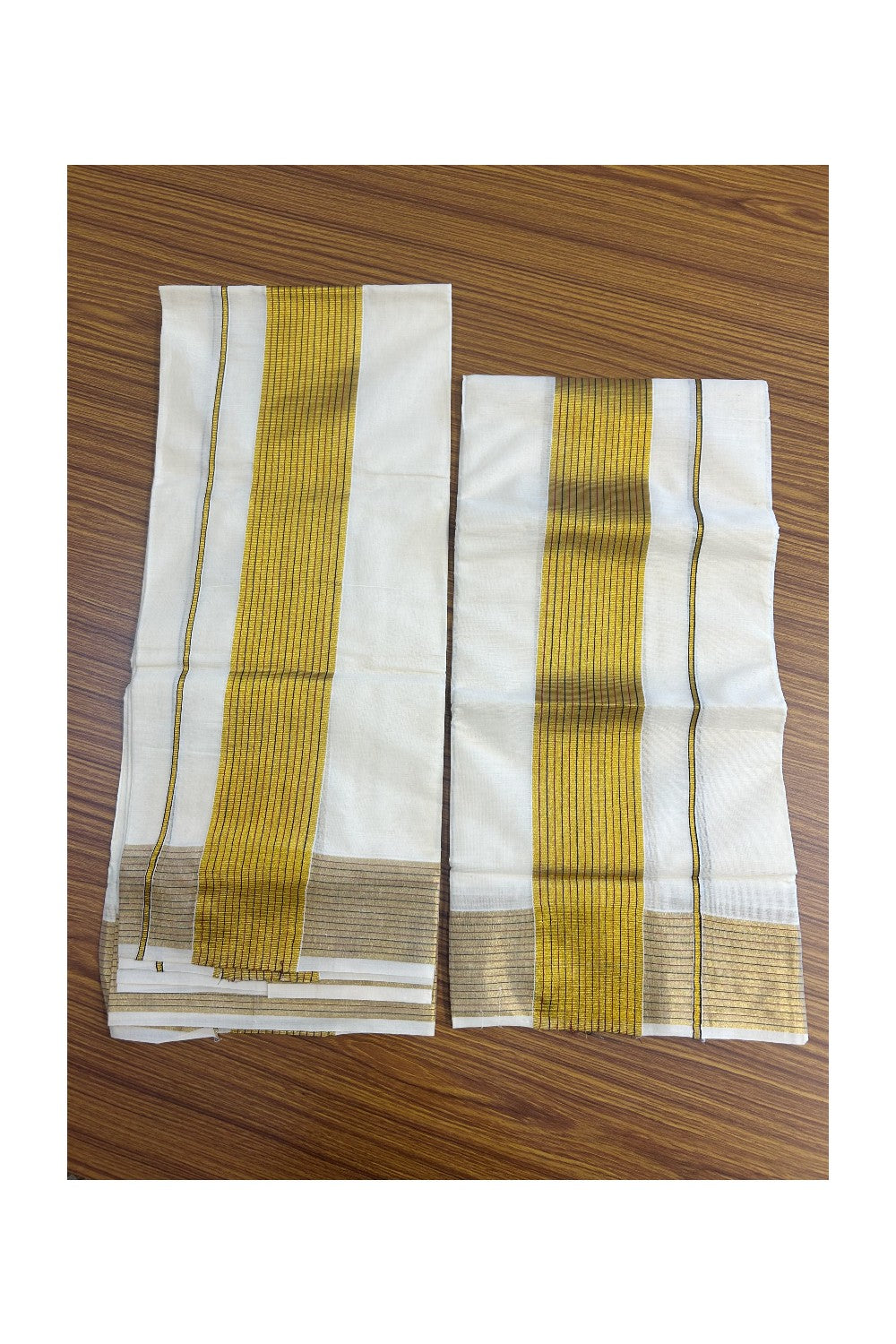 25% Discount!! KaithariKada - Kerala Pure Cotton OFF WHITE SINGLE SET MUND FOR WOMEN - EXTRA LENGTH - Gold Kasavu Maroon & Black Stripes Big Kara - 13KK5152PMC