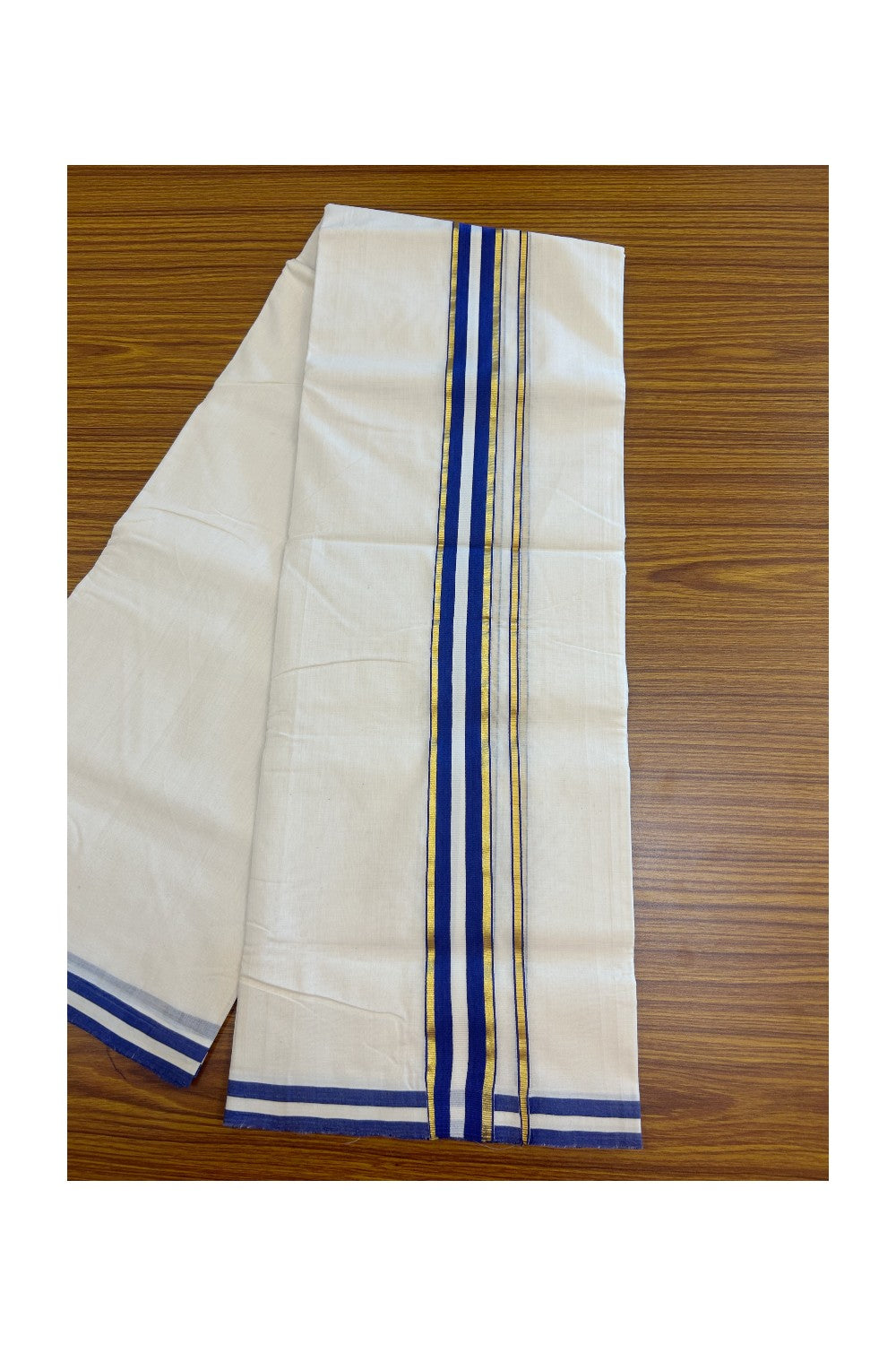 27% DISCOUNT! KaithariKada BALARAMAPURAM HANDLOOM UNAKKUPAAV - 100% PURE Cotton Off white (Unbleached) Double Mundu/Dhoti - 1.5 inch Gold Kasavu & Blue Kara (8 Muzham) - 17KK5161SOM