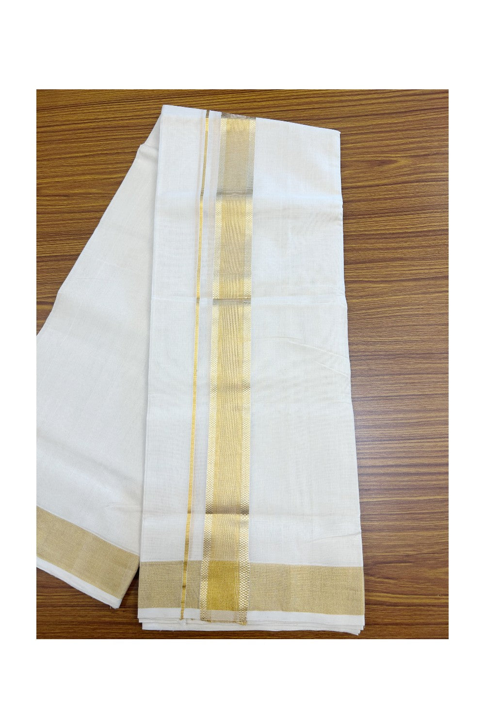 25% DISCOUNT!! KaithariKada HANDLOOM MILLPAAV Balaramapuram - 100% PURE Cotton OFF White - (Unbleached) Double Mundu/Dothi - 2 inch Gold Kasavu design Striped kara - 6KK5170RAM