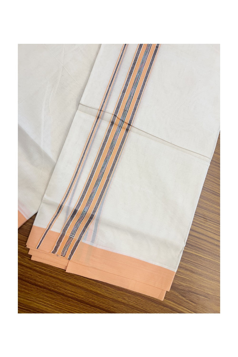 20% DISCOUNT ! KaithariKada Balaramapuram 100% Cotton Double off white (Unbleached) Mundu/Dhoti - 100X80 - 1.5 inch Silver kasavu & Orange jacquard design kara - 13KK5172PMC