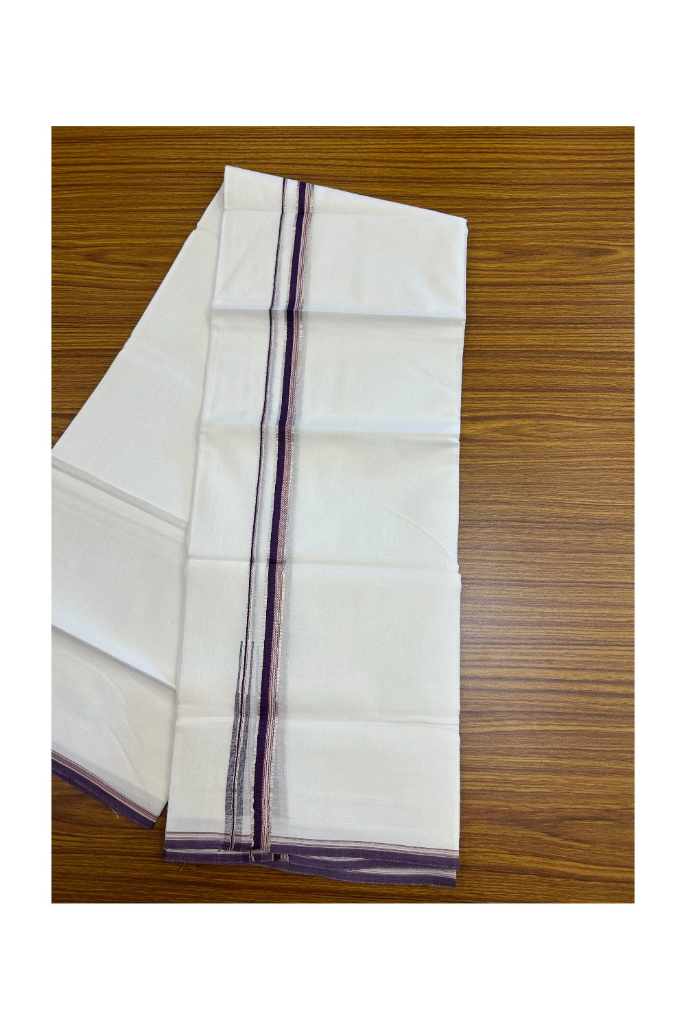 20% Discount !! Kaitharikada Balaramapuram 100% Cotton PURE WHITE DOUBLE Mundu/Dothi- 100X80 Thread - 0.5 inch - Silver Kasavu Red & Purple Design Chutty Kara - 13KK5184RAMS