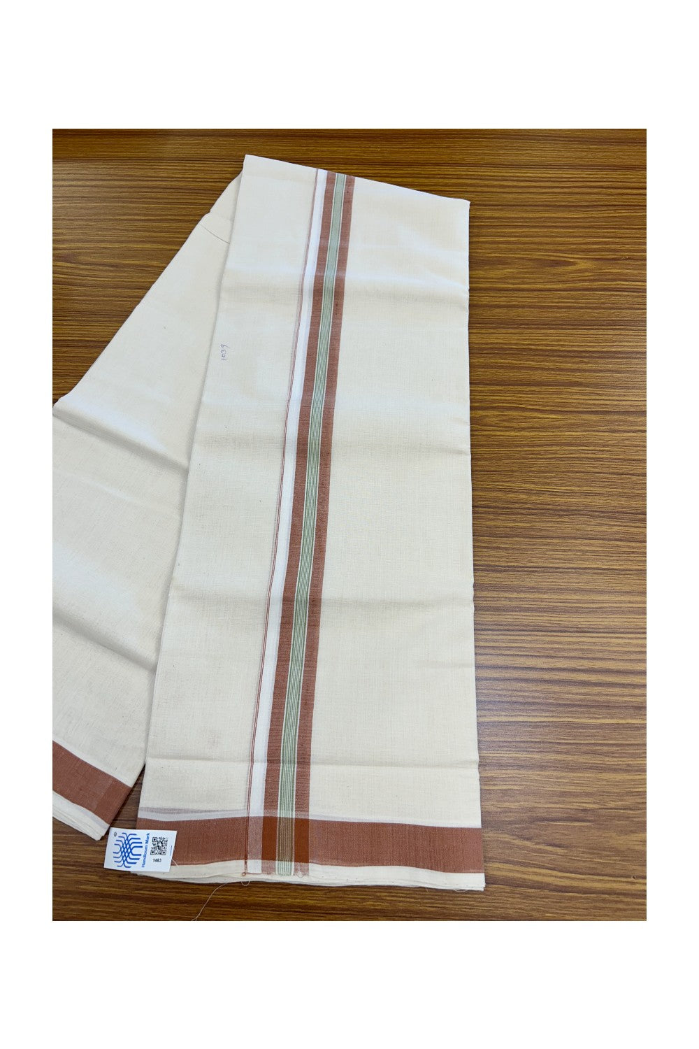 25% Discount KaithariKada HANDLOOM Unakkupaav Balaramapuram - 100% PURE Cotton off white (Unbleached) Double Mundu/Dhoti - 80X90 - 1.5 inch Cinnamon Brown & Green Center Stripes Kara 3.80 mtr - 13KK5192ELA