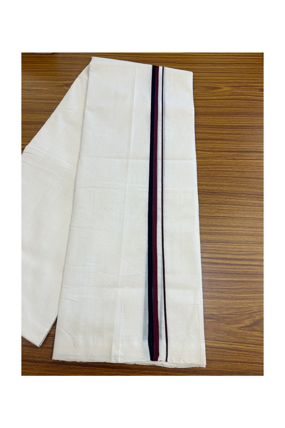 DMK Veshti - 25% Discount!!! KaithariKada HANDLOOM UNAKKUPAAV Balaramapuram - 100% PURE Cotton off white (Unbleached) Double Mundu/Dhoti -100 s warp x 80s weft - 0.75 inch Maroon & Black kara DMK - 13KK5200REA