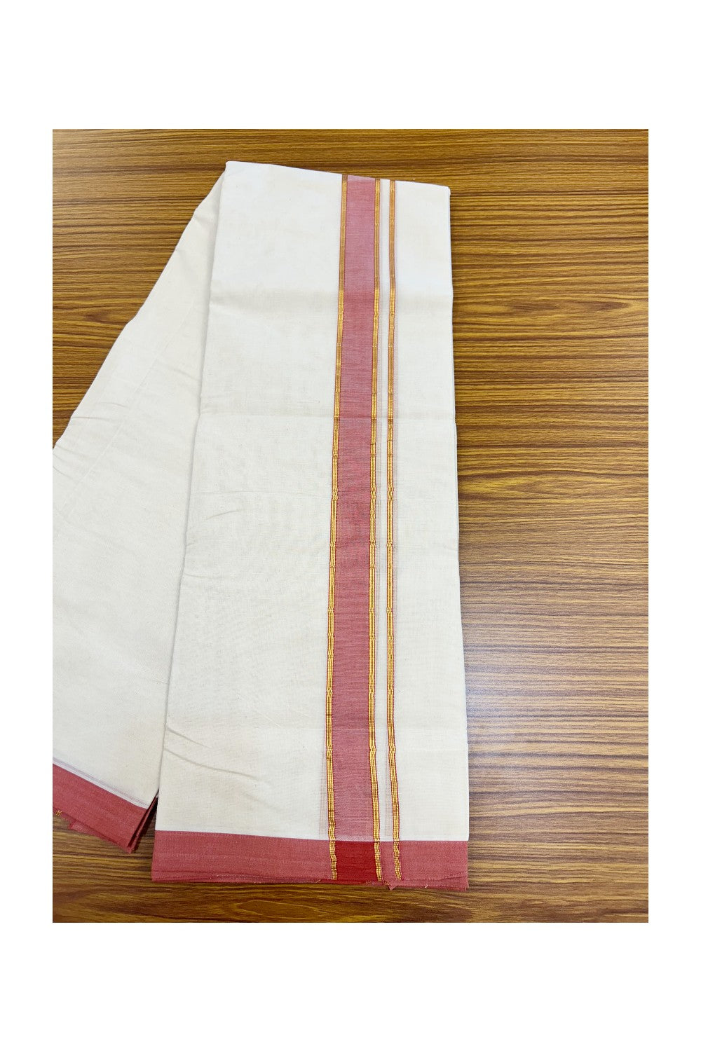NEW !! 20% DISCOUNT!! KaithariKada Balaramapuram 100% Cotton Double Off white - (Unbleached) Mundu/Dhoti-100x80 - 1.5 inch Gold Kasavu & Brick Red Shaded Striped KARA - 3.75 mtr (8 Muzham) - 13KK5218 ASH