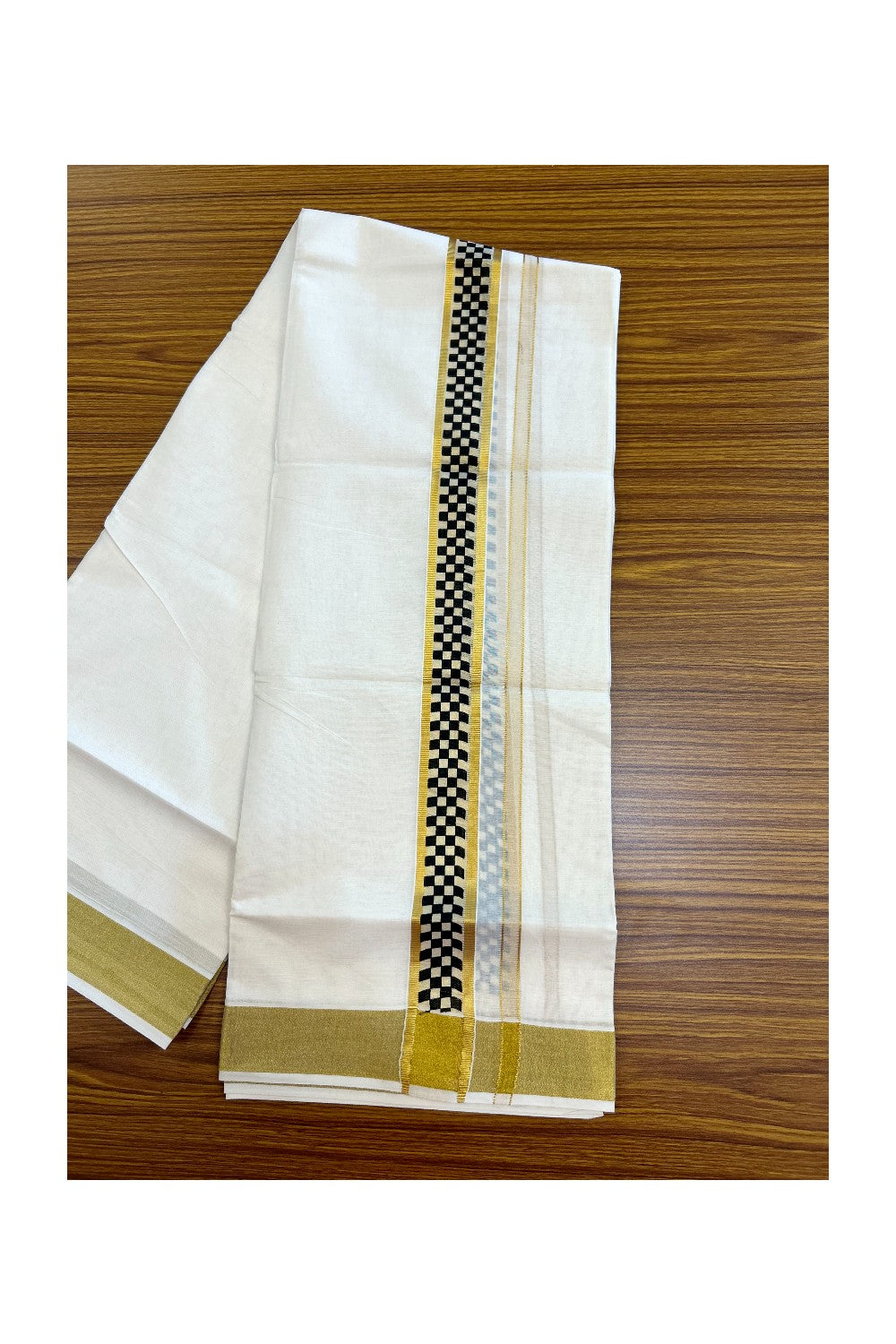 22% Discount!! KaithariKada Balaramapuram 100% Cotton DOUBLE OFF WHITE - (Ubleached) Mundu/Dhoti - 80x90 - 1.5 inch Gold Kasavu with Black Printed Design Kara - 13KK5219 GAN