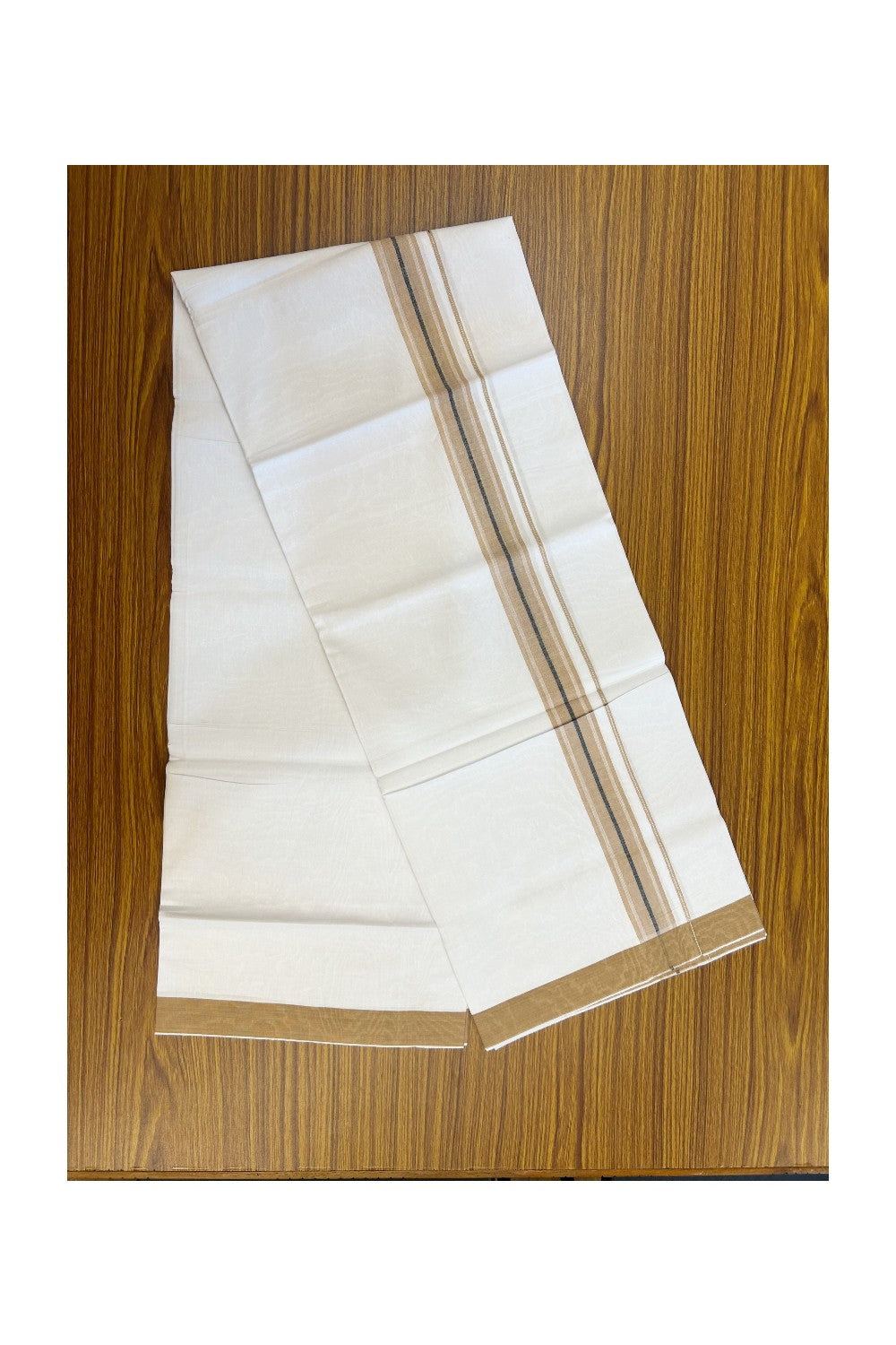 24% Discount !! KaithariKada Balaramapuram 100% Cotton Pure white Single Mundu/Dhoti - Twisted 60s Thread- 1.25 inch Silver Kasavu Brown & Black Striped Kara (2 meter / 4 muzham) - 13KK5241 GL