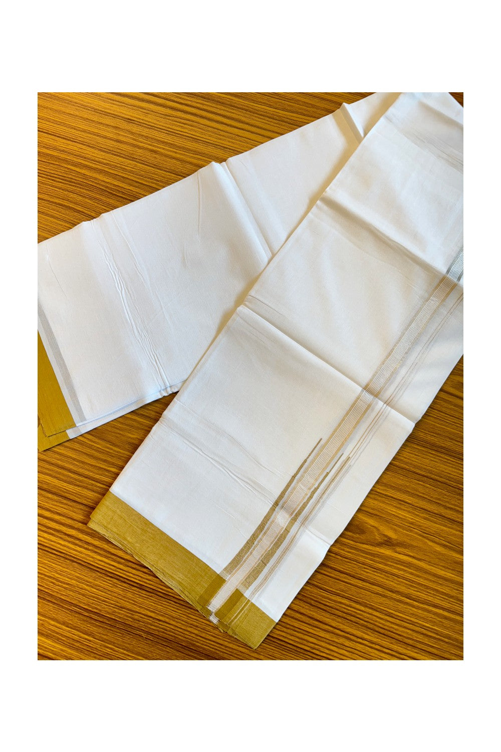 21% DISCOUNT!! Kaitharikada Balaramapuram 100% Cotton PURE WHITE Double Mundu/Dothi-100x92 Puliyilakkara CHUTTY  1.5 cm  SAND BROWN & SILVER STRIPED Cotton Kara - 13KK84CEE