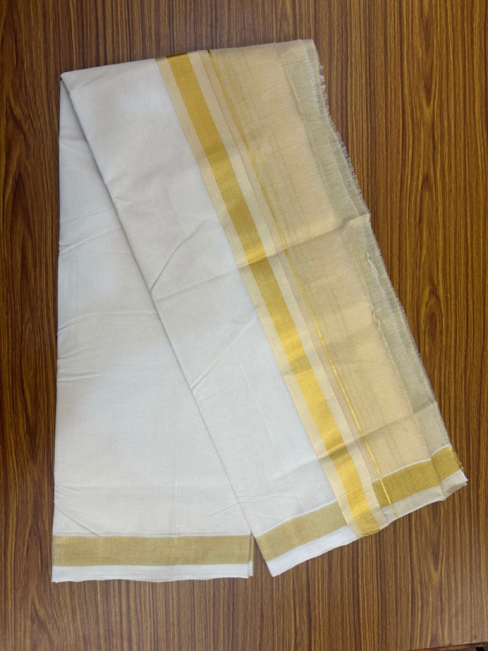 25% Discount ! KaithariKada Handloom Milpaav Balaramapuram - Pure Cotton Off White - (Unbleached) Double Mundu/Dhoti - (80X90s) - 7 inch Gold Kasav Striped & Half Tissue Kara - 96 KK5256 RAM