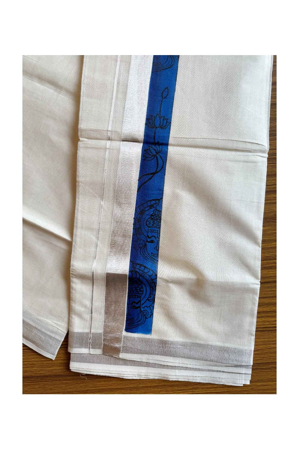30% Discount! KaithariKada Balaramapuram 100% Cotton off white (Unbleached) Double Mundu/Dhoti - 80x72 - Silver Kasavu HAND PAINTED Blue Flower pattern & Kathakali 3 inch Kara - 13KK424CEE