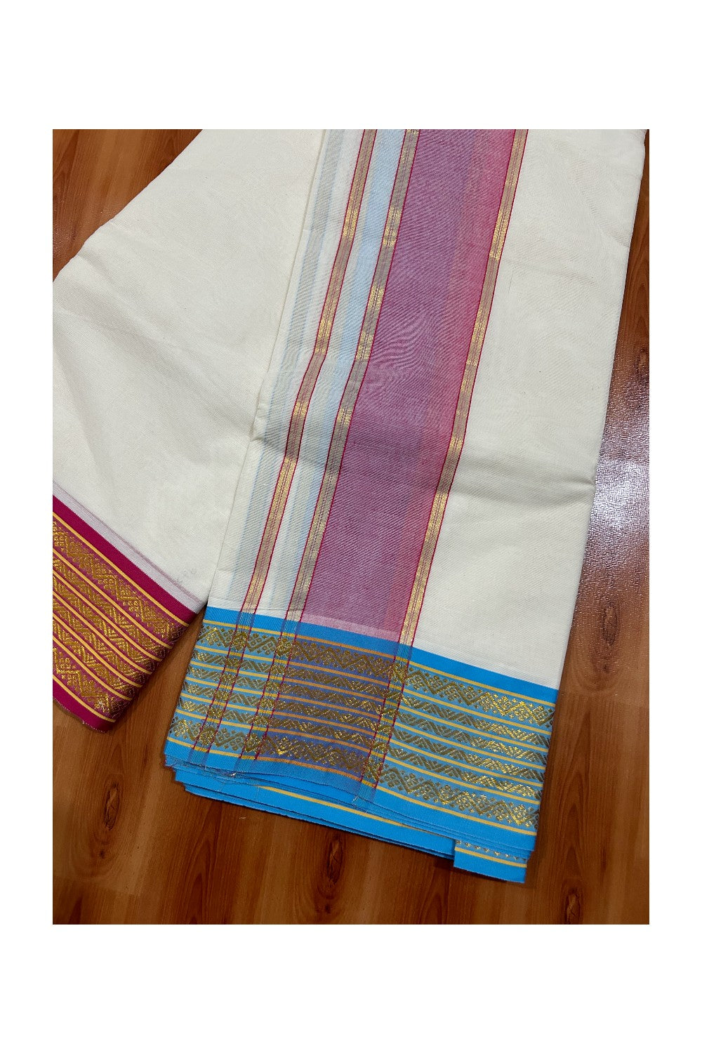 36% DISCOUNT! KaithariKada - Cotton Mix - Off White - (Unbleached) 80x80 thread - 80% Cotton & 20 % Polyester - NORTH INDIAN - ATTACHED GAMCHA 9X5 Dhoti 4.5 inch Magenta kara with Blue & Magenta Kasavu border  - 13KK5005PMC