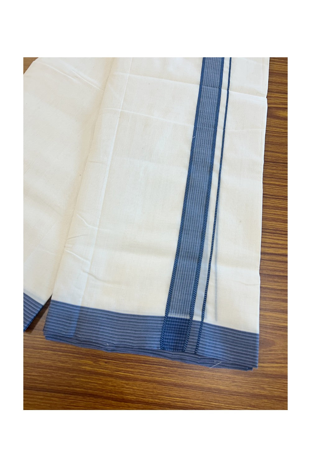 25% DISCOUNT!! KaithariKada HANDLOOM UNAKKUPAAV Balaramapuram - 100% PURE Cotton OFF White Double - (Unbleached) Mundu/Dothi - 1.75 inch Black & Navy Blue Stripes  Kara 3.82 meters - 13KK5049REA