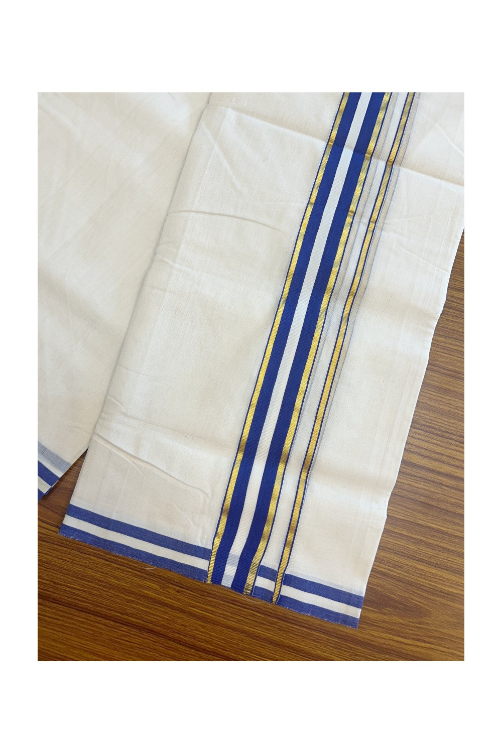 27% DISCOUNT! KaithariKada BALARAMAPURAM HANDLOOM UNAKKUPAAV - 100% PURE Cotton Off white (Unbleached) Double Mundu/Dhoti - 1.5 inch Gold Kasavu & Blue Kara (8 Muzham) - 17KK5161SOM