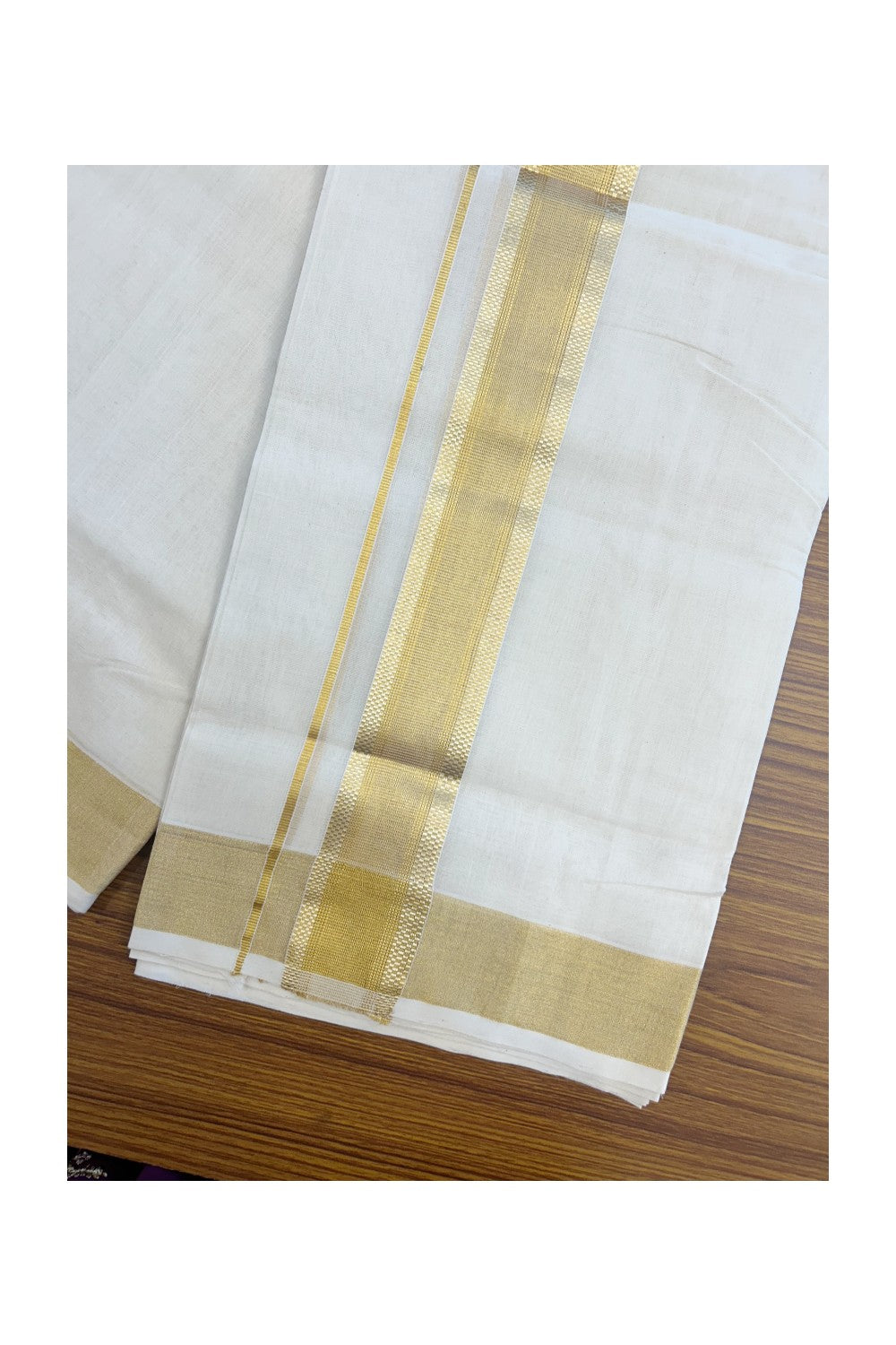 25% DISCOUNT!! KaithariKada HANDLOOM MILLPAAV Balaramapuram - 100% PURE Cotton OFF White - (Unbleached) Double Mundu/Dothi - 2 inch Gold Kasavu design Striped kara - 6KK5170RAM
