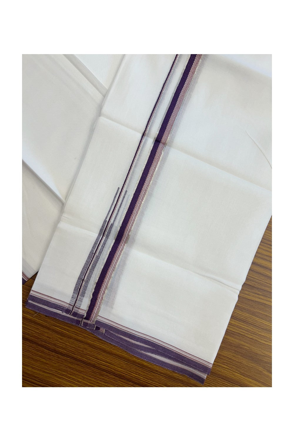 20% Discount !! Kaitharikada Balaramapuram 100% Cotton PURE WHITE DOUBLE Mundu/Dothi- 100X80 Thread - 0.5 inch - Silver Kasavu Red & Purple Design Chutty Kara - 13KK5184RAMS