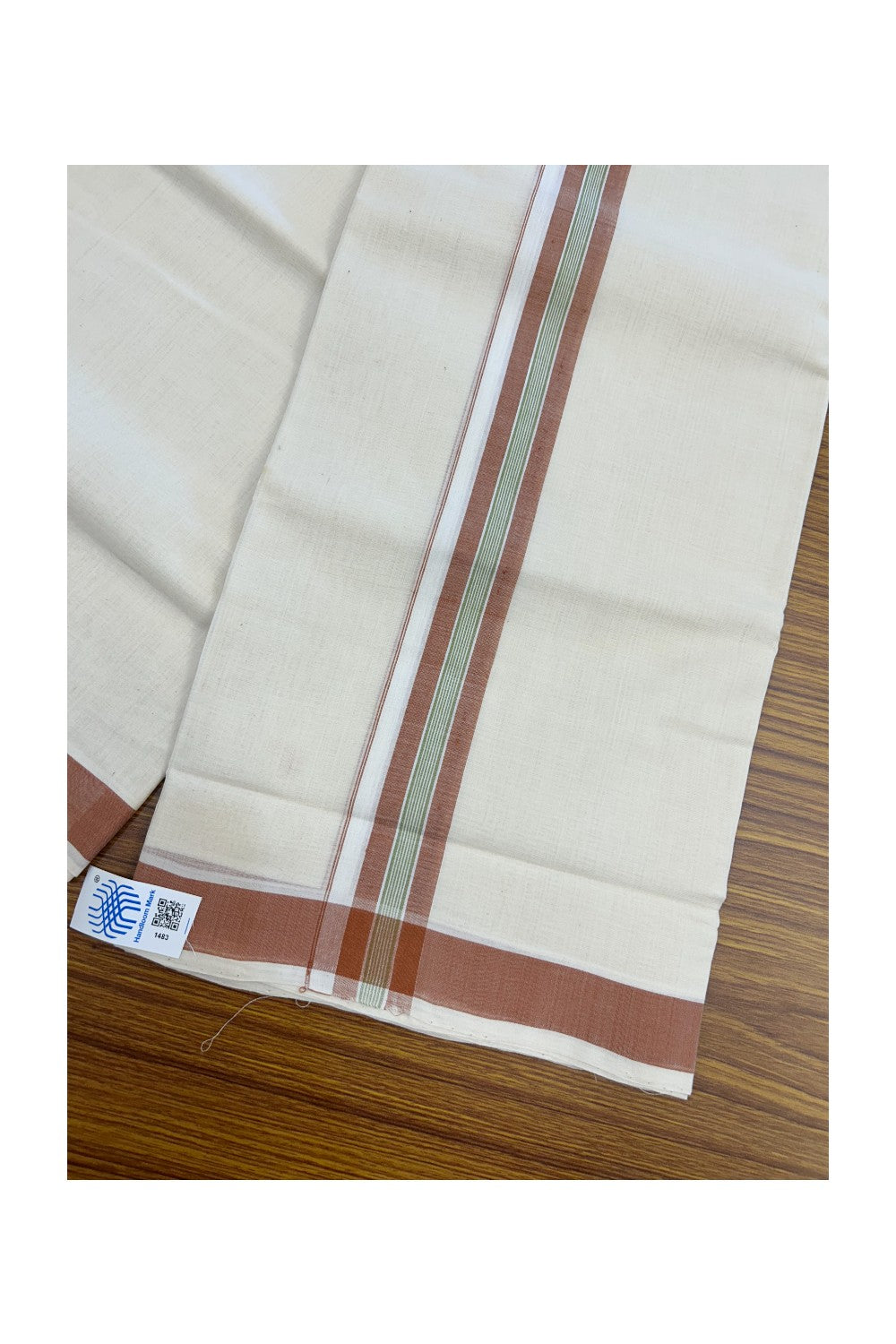 25% Discount KaithariKada HANDLOOM Unakkupaav Balaramapuram - 100% PURE Cotton off white (Unbleached) Double Mundu/Dhoti - 80X90 - 1.5 inch Cinnamon Brown & Green Center Stripes Kara 3.80 mtr - 13KK5192ELA
