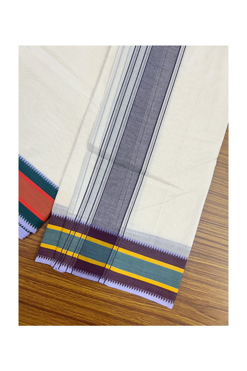 20% DISCOUNT! KaithariKada 100% Cotton Off White - (Unbleached) - Pure Cotton -100x100 thread - NORTH INDIAN - ATTACHED GAMCHA 9X5 Dhoti Violet kara with Red Green & Brown Striped border - 13KK5196PMC
