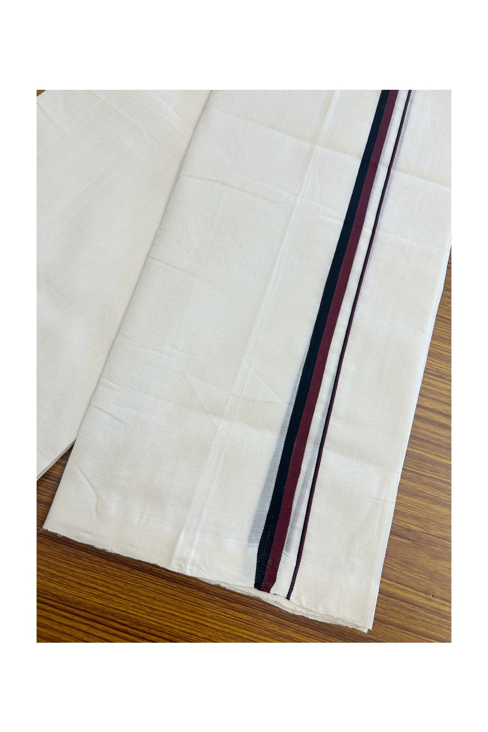 DMK Veshti - 25% Discount!!! KaithariKada HANDLOOM UNAKKUPAAV Balaramapuram - 100% PURE Cotton off white (Unbleached) Double Mundu/Dhoti -100 s warp x 80s weft - 0.75 inch Maroon & Black kara DMK - 13KK5200REA